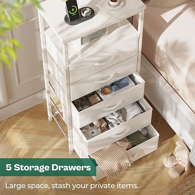 Huuger White Dresser with 5 Drawers & Charging Station, Tall Dresser for Bedroom, Tall Night Stand with PU Leather Finish, Open Shelf, Nightstand for Bedroom, Closet, Hallway, Entryway