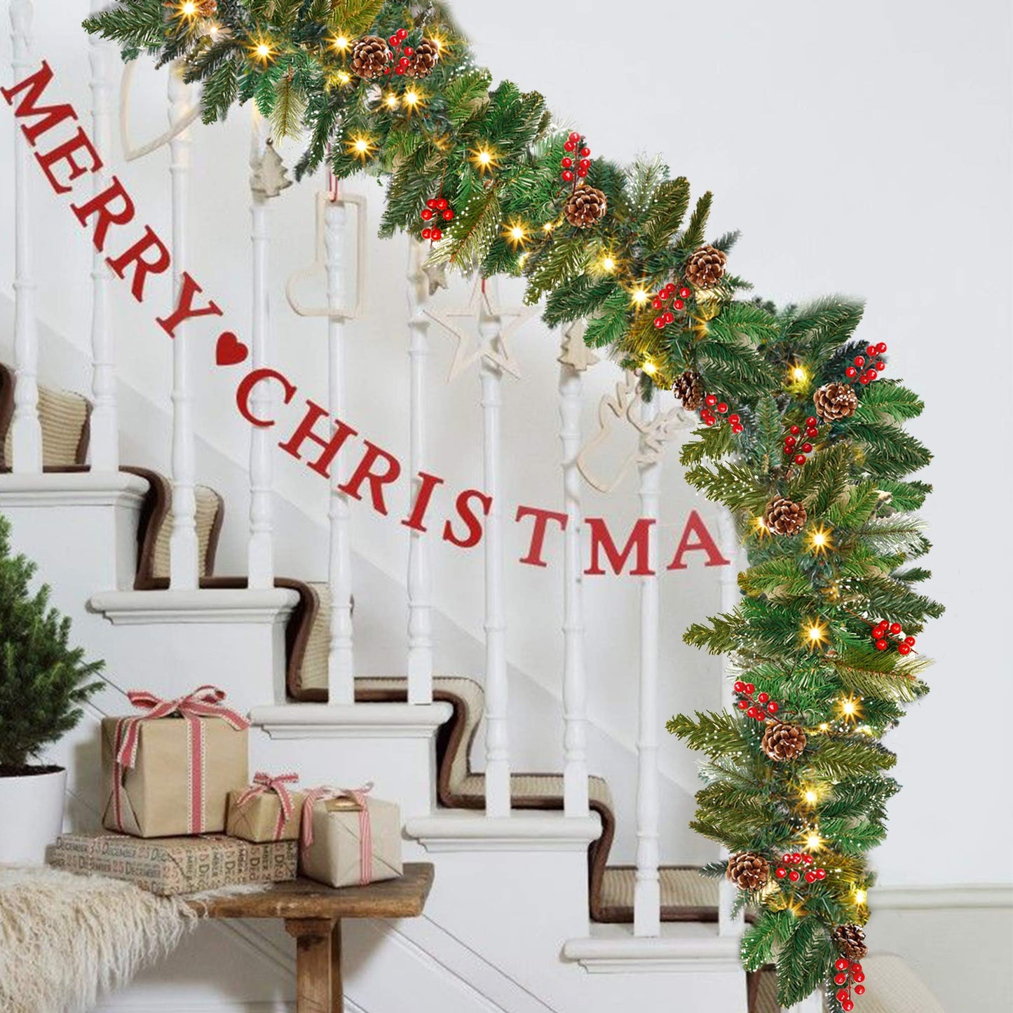 ATDAWN 9 Foot Christmas Lighted Garland, Battery Operated Christmas Garland with Lights, Garland Wreath with Pine Cones for Indoor Home Winter Holiday New Year Xmas Decorations