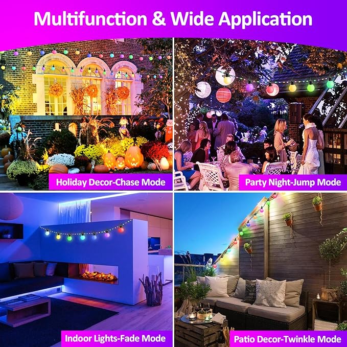 Outdoor String Lights 41ft 20 Dimmable Bulbs+80 LED Beads,RGB Patio Lights with Remote,IP65 Waterproof Shatterproof Color Changing String Lights USB Plug for Outside Garden Yard Party Decor
