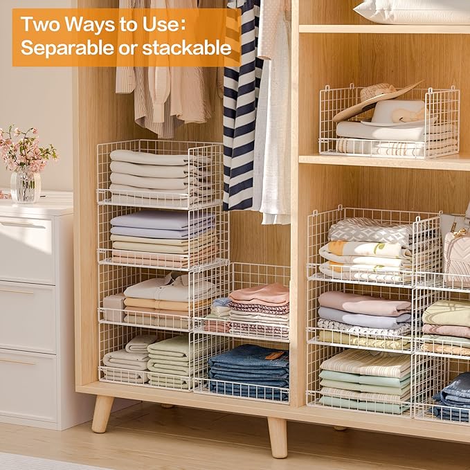 Yociyoga 6-Tier Stackable Closet Organizers and Storage Shelves, Closet Shelf Organizer Basket Bins, Foldable Sweater Storage for Clothes Organizer System, White（Patent Pending）