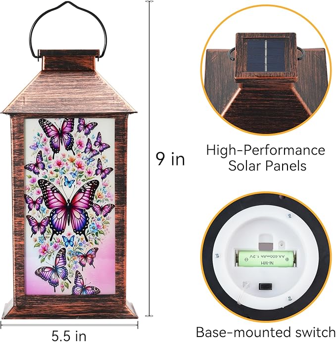 Homemory Hanging Solar Lanterns Outdoor Waterproof, Solar Butterfly Lights with LED Flickering Flameless Candles, Gifts for Women Mom, Outside Lantern Decoration Garden Yard Patio Lawn Porches Park