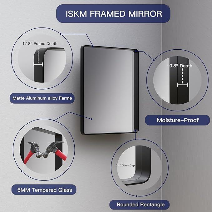 ISKM Black Framed Mirror for Bathroom 55" x 36" Matte Black Bathroom Vanity Mirror Anti-Rust, Tempered Glass, Rounded Rectangle Mirror(Horizontal/Vertical)
