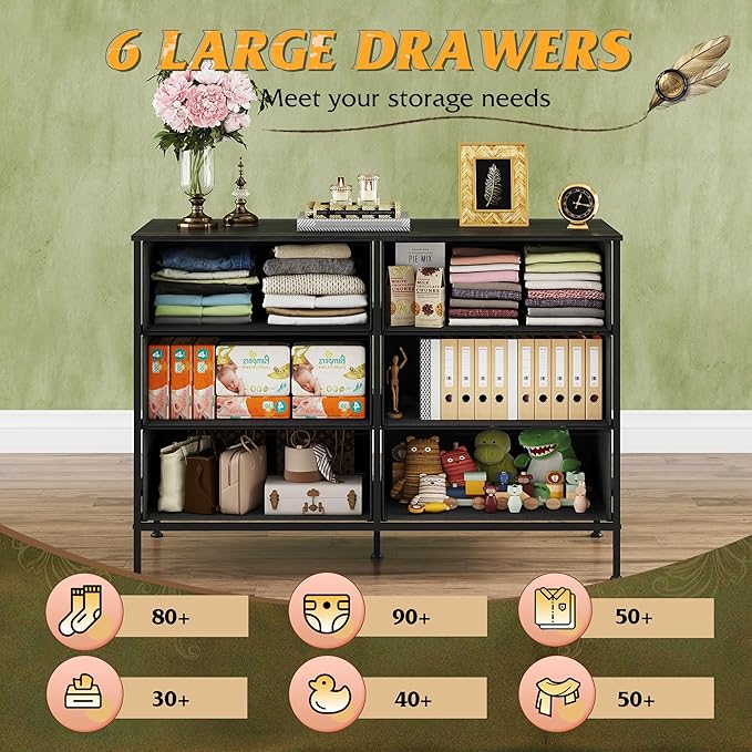 WLIVE 6 Drawer Dresser for Bedroom, Wide Fabric Dresser TV Stand for 50 Inches TV with Metal Frame, Wooden Top, Chest of Drawers, Dressers for Living Room, Hallway, Charcoal Black Wood Grain Print
