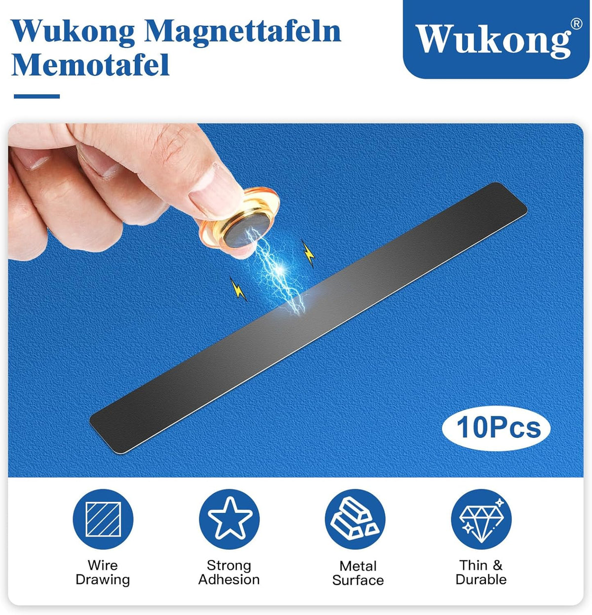 Wukong 10 Pack | 30x3cm(11.81 x 1.18) Magnetic Stainless Black Boards Strips, Adhesive Backing Bulletin Bar Board, Memo Board with 32Pcs Colorful Magnets for Office, Home, Photo Wall, Documents