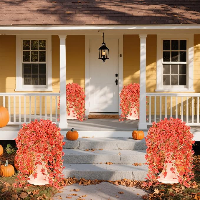 6 Bundles Artificial Fall Flowers for Outdoors Fake Plants Garden Home Fall Decor,UV Resistant Realistic Silk Faux Autumn Flower Indoor Outside Front Porch Patio Balcony Yard Farmhouse(Orange)
