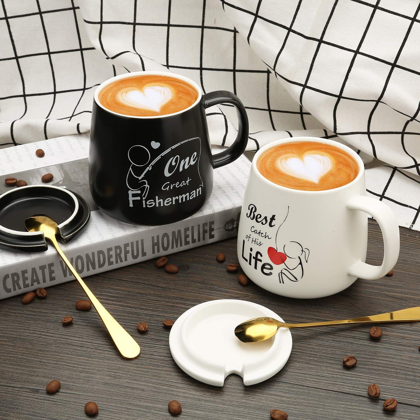 One Great Fisherman, Best Catch of His Life Coffee Mugs Mr Mrs Gift Set - Unique Anniversary Engagement Wedding Gifts for Couples - Funny Idea for Lovers Friends Parents Housewarming -15 OZ