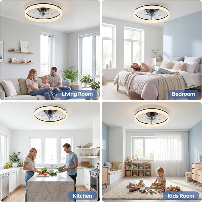 20'' Ceiling Fan with Light,Low Profile Flush Ceiling Fan, 6 Speeds, Dimmable LED, Remote Control, Quiet DC Motor, Bladeless Flush Mount Fixtures for Bedroom, Living Room,DM104-H Black