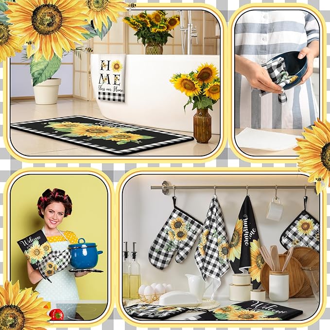 Fourluoo 10 Pcs Sunflower Kitchen Decor 4 White and Black Buffalo Plaid Kitchen Towels 2 Buffalo Check Pot Holders 2 Rustic Sunflower Oven Mitts 2 Yellow Rugs for Cooking Baking Mom Housewarming Gift