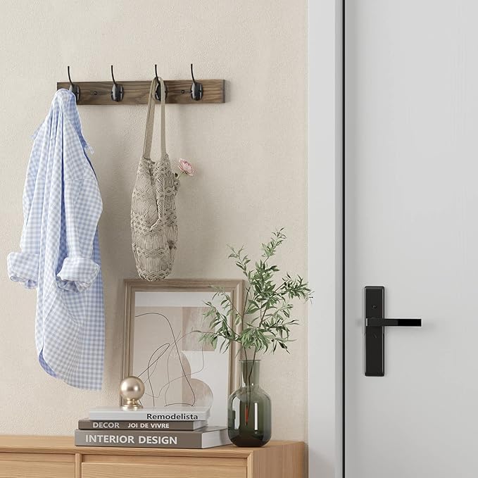 Coat Hooks Wall Mounted, Wooden Hat Rack with 4 Hooks for Entryway, Bathroom,Bedroom(Brown)