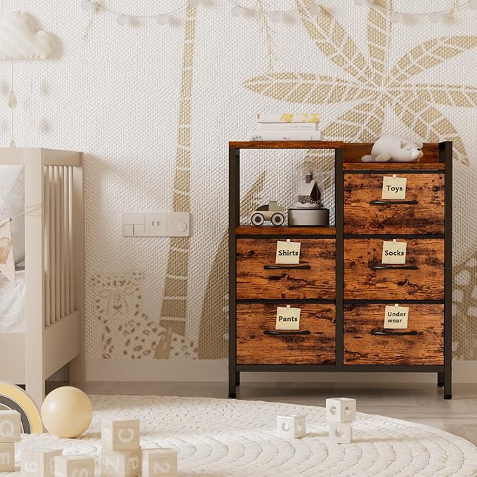 Furnulem 5 Drawer Rustic Brown Dressers for Bedroom 2 Tier Shelf Storage Small Fabric Dresser for Closet Sturdy Metal Frame Modern Style Storage Cabinets Organization Units for Hallway Rooms