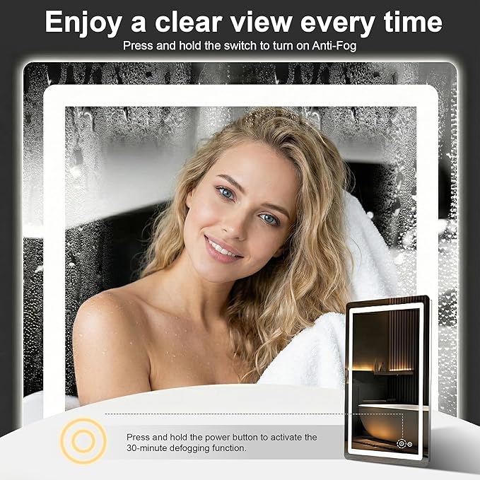 LED Bathroom Vanity Mirror with Light, 30"x20" Led Bathroom Vanity Mirror with Light for Wall, Anti-Fog, Dimmable 3 Colors, Memory Function, Backlit and Front Lit, Plug-in/Hardwired