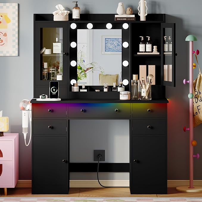 Makeup Vanity Desk with Mirror and Lights, Black Vanity Table Set with Storage Drawers, Charging Station & Cabinets, Large Dressing Table with RGB Ambient Light for Women Girls Bedroom Bathroom