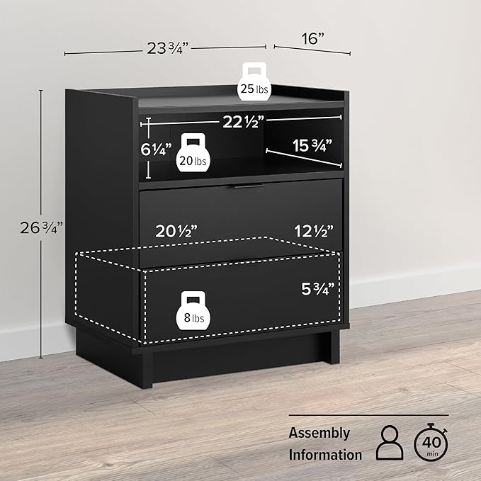Prepac Simply Modern Nightstand Bedside Table, Black Nightstand for Bedroom, End Table with 2 Drawers and Open Shelf 23.75" W x 26.75" H x 16" D