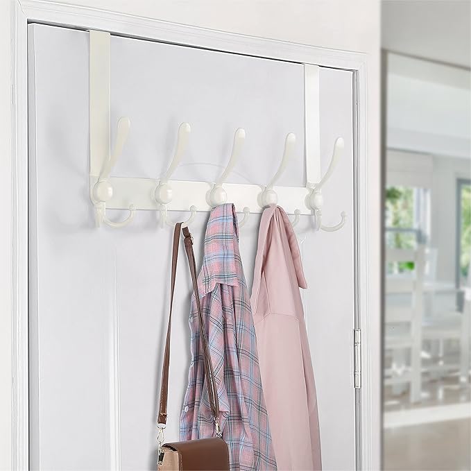 SKOLOO Over The Door Hook - for Doors up to 1-3/4'' Thickness, Metal Door Hanger with 5 Triple Hooks, Over The Door Hanger for Coats, Hats,Towels, White, Assembly Required