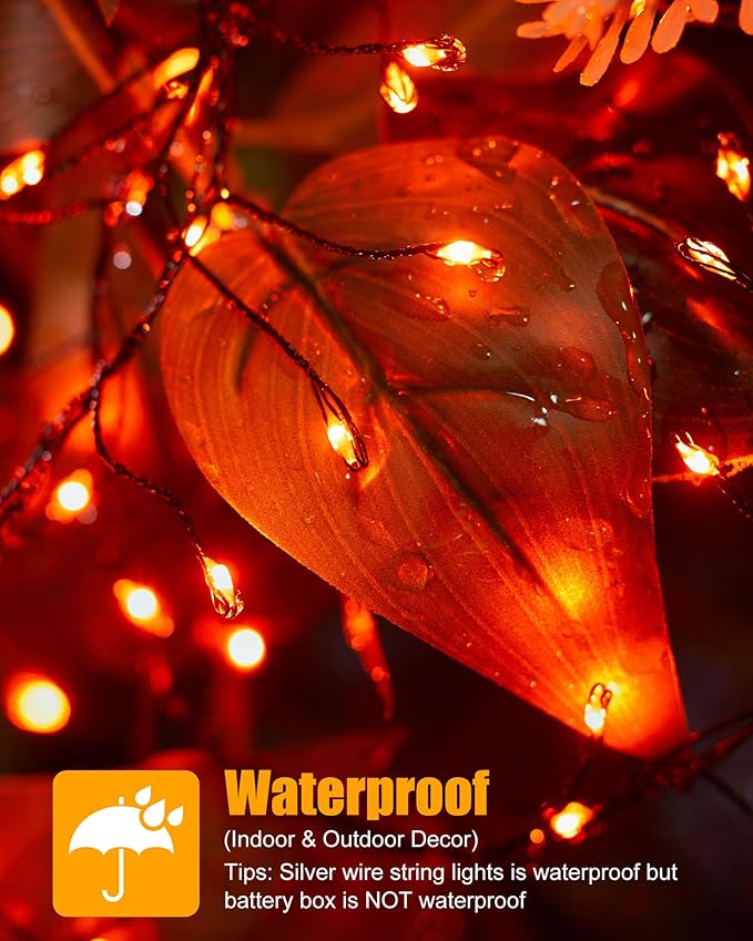 Halloween Fairy Lights Battery Operated, 10 Feet 120LEDs Firecracker String Lights Waterproof Silver Wire Starry Firefly Light for Bedroom Home Haunted House Indoor Outdoor Holiday Decorations, Orange