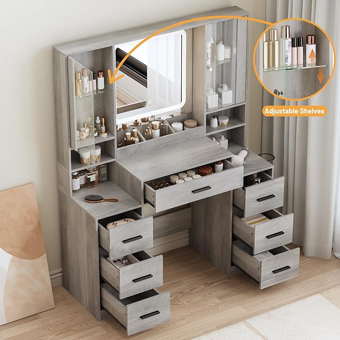 Vanity Desk with Mirror and Lights, Makeup Vanity with 7 Drawers, 2 Glass Door Cabinets, Charging Station, Adjustable Shelves, RGB Lighting, Hair Dryer Holder