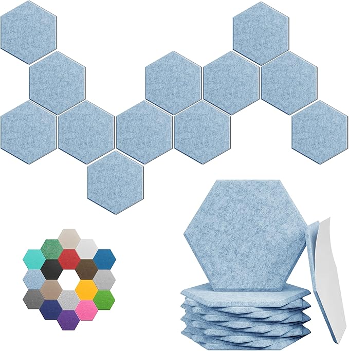 Hexagonal Acoustic Panels-12 Pack High-Density Sound Absorbing Panels 12"X10"X0.4" for Enhanced Noise Reduction, DIY Design, Idea for Studios, Offices, and Home Theaters(Light Sky Blue)