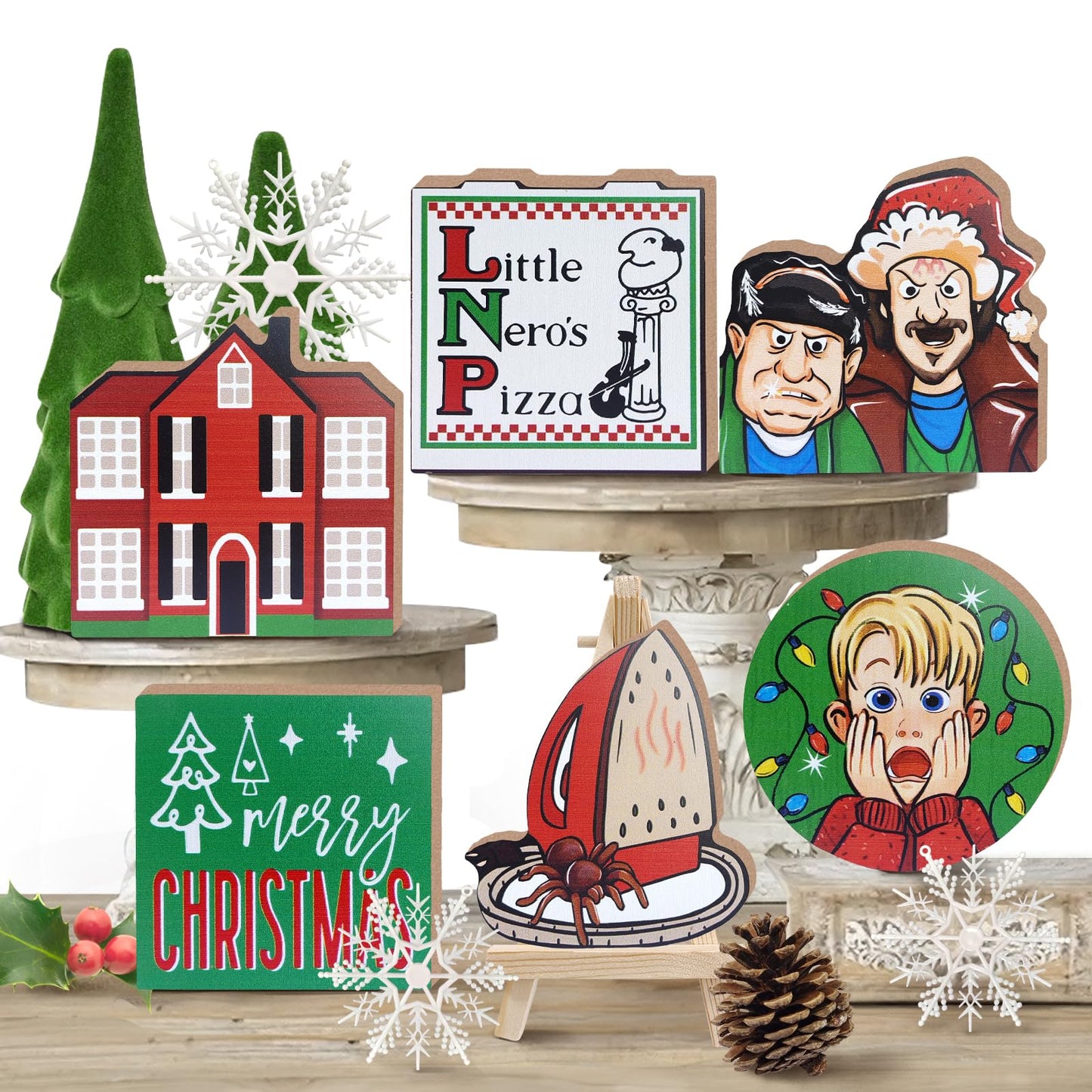 Uruney Merry Christmas Tiered Tray Decor, Christmas Classic Movie Tray Decorations, Xmas Alone Boy Kevin Thieves Wooden Signs, Funny Holiday Rustic Farmhouse Home Decor for Table Shelf Mantel Party