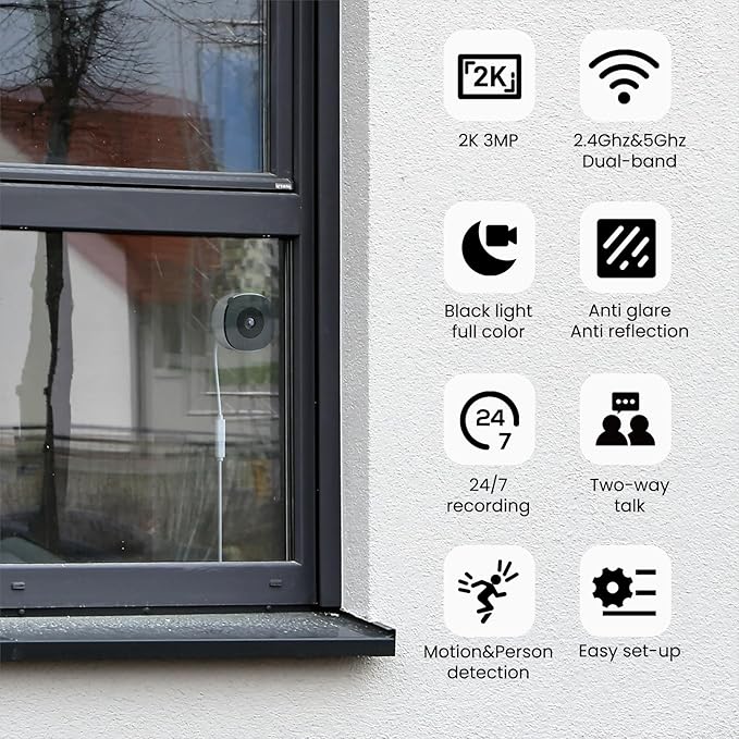 2K Window Cameras for Home Security- 5Ghz & 2.4Ghz WiFi Window Camera, Color Night Vision, Motion & Human Detection, Continuous 24/7 Recording, Cloud(Optional) & Local Storage, K1 1P