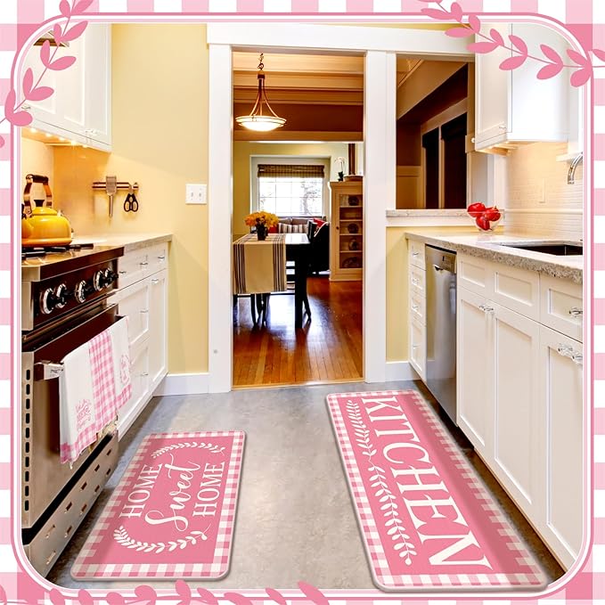 Fourluoo 10 Pcs Kitchen Set Kitchen Towels and Rugs Oven Mitts and Pot Holders Farmhouse Decor for Women Mom Gift Cooking Baking Grilling(Pink White)