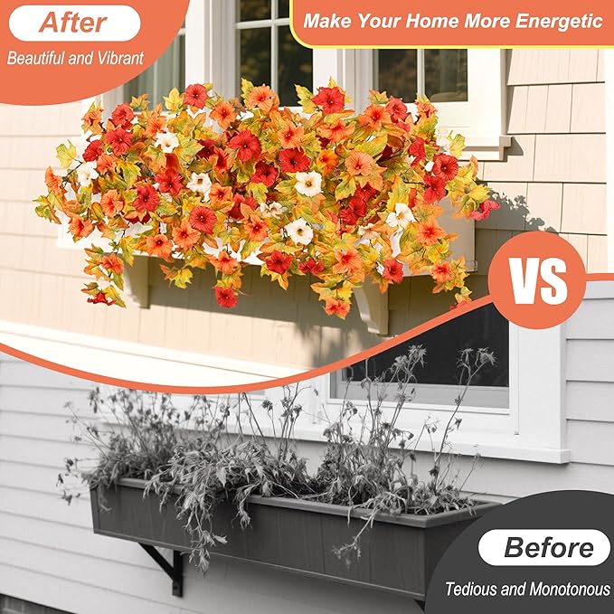 Artificial Fall Flowers Fake Petunias Plants for Outdoor Decoration, 2 Pcs Silk Faux Flowers UV Resistant No Fade Plants for Garden Balcony Yard Porch Realistic Indoor Decor (Orange White)