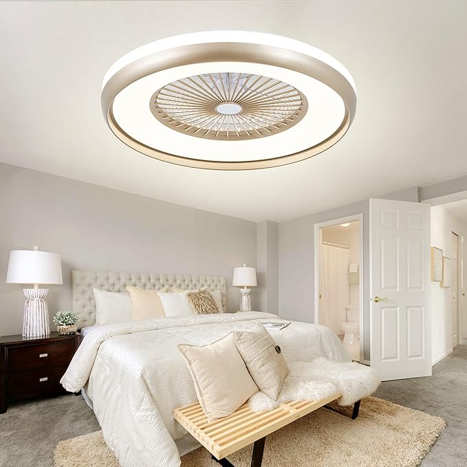 24" Bladeless Ceiling Fan with Light Remote, Smart LED Ceiling Fans with App Control, Modern Low Profile Dimmable Light Ceiling Fan for Bedroom Living Room Gold