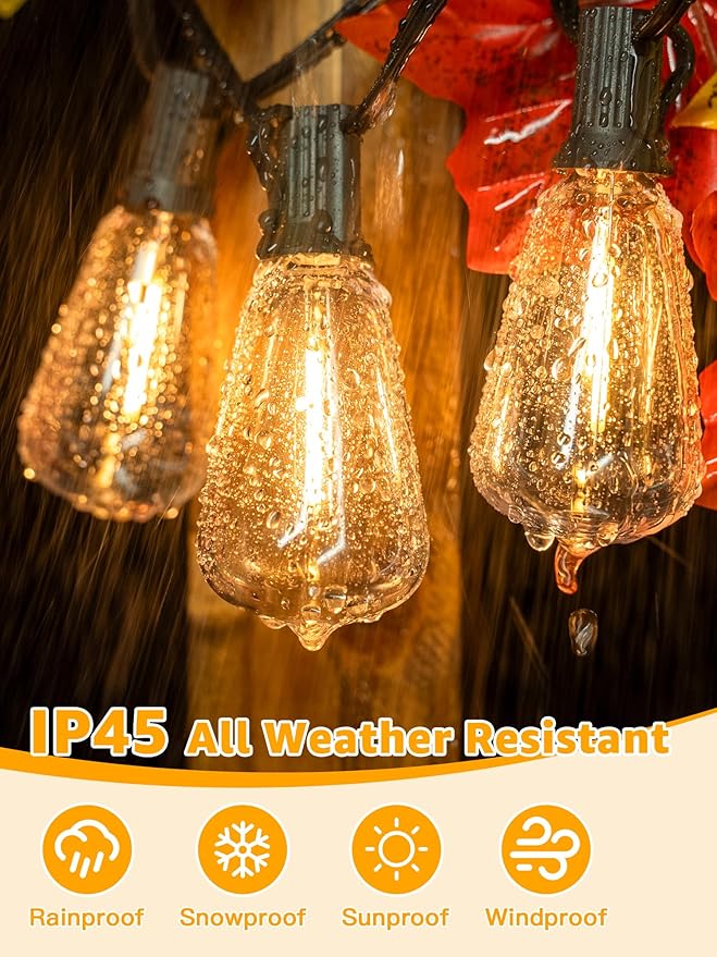Outdoor String Lights Dimmable with Remote, 50 FT Outdoor Lights with 2 Timer and 3 Modes, Waterproof & Shatterproof Patio Lights, 2200K Energy Saving String Lights 2 Spare Bulbs for Patio Yard