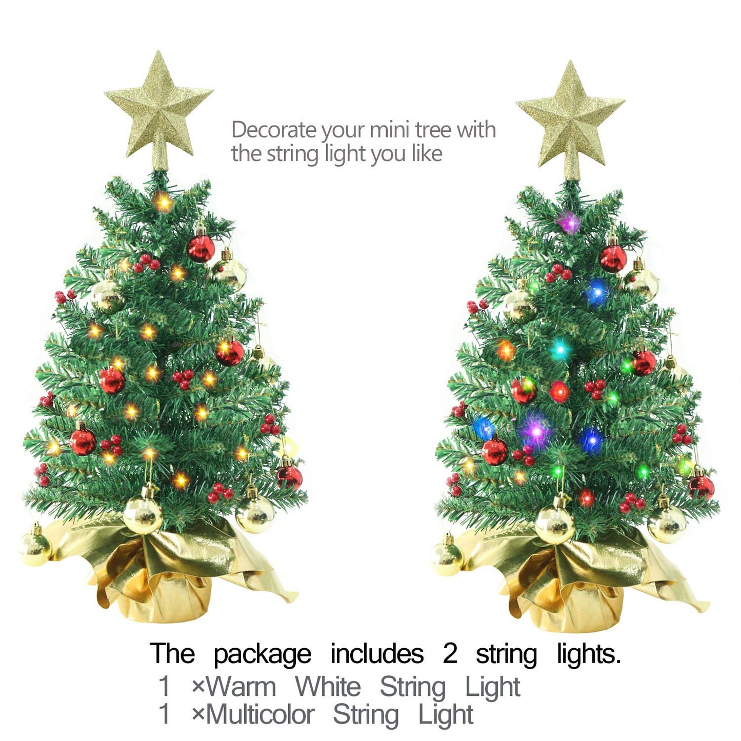Liecho 24 Inch Tabletop Mini Christmas Tree, Miniature Pine Christmas Tree with Hanging Ornaments, Battery Operated Artificial Xmas Tree, Best DIY Christmas Decorations-Gold