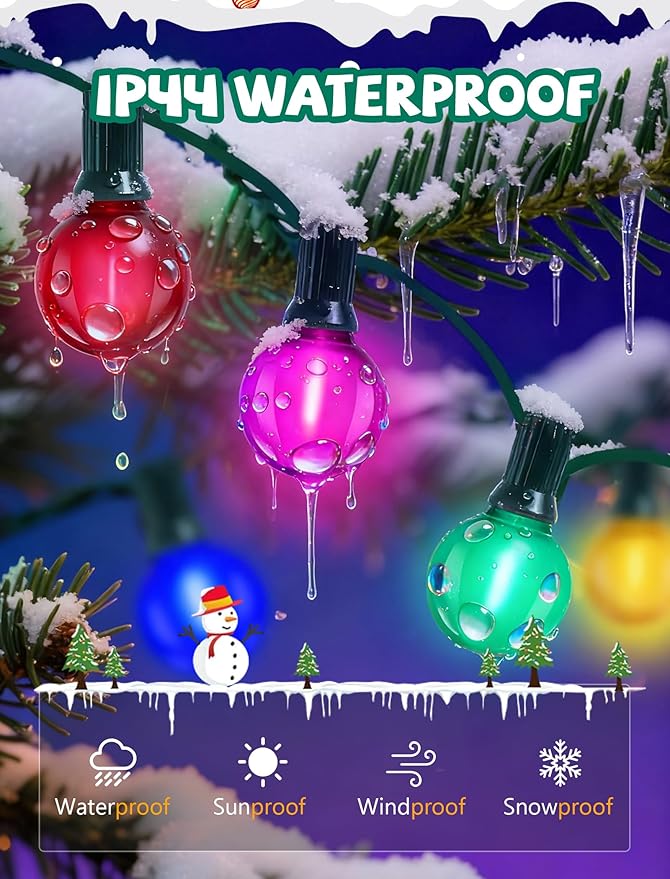 50Ft G40 LED Multicolor Christmas Lights Outdoor, Shatterproof Frosted Globe String Lights with 27 Ceramic Bulbs(2 Spare), Waterproof Hanging Patio Lights for Bistro Porch Party Holiday Decorations