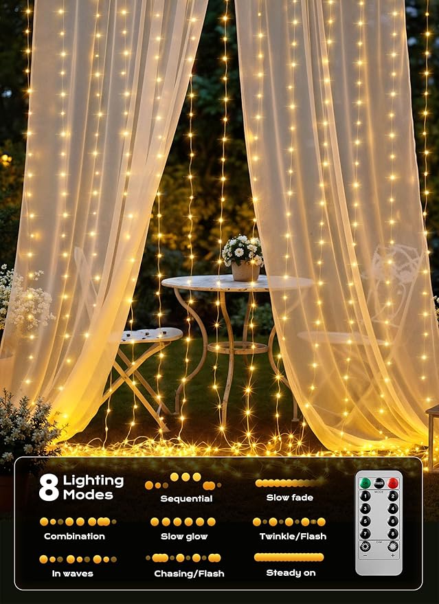 Brightown 600 LED Curtain String Lights, 20 FT Hanging Fairy Lights with Remote, 8 Modes, Waterproof Window Lights for Bedroom Backdrop Wedding Outdoor Christmas Party, Warm White