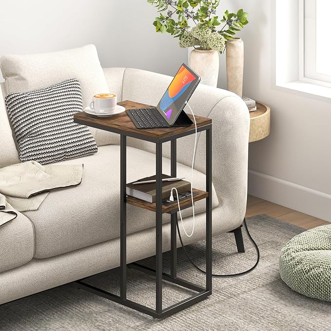 Yoobure C Shaped End Table with Charging Station, Small Side Table for Sofa，26" Tall Tv Tray Couch Table with Storage,Bedside Table with USB Ports and Outlets for Living Room, Bedroom, Rustic Brown