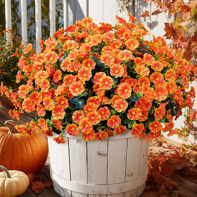 Artificial Faux Flowers for Outdoor 16 Bundles Boxwood Fake Morning Glory for Planter,UV Resistant Fake Flowers for Home Porch Patio Outside（Orange）