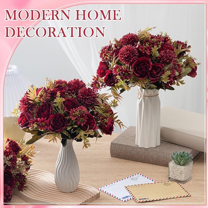 Tigeen Artificial Flowers Artificial Peonies Silk Flowers Faux Peony Fake Peony Silk Hydrangea Bouquet for Wedding Table Centerpiece Floral Vase Decor(Claret,12 Bundles)