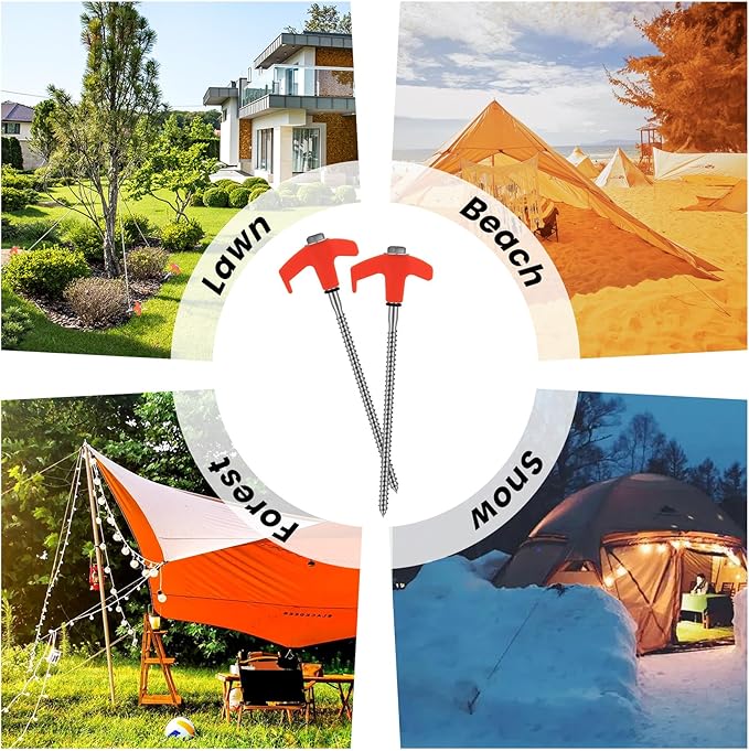 8" Screw in Tent Stakes 4PCS - Ground Anchors Screw in, Screw in Tent Stakes Heavy Duty, Galvanized - Camping Tent Accessories, Metal Threaded Tent Spikes with Hex Head Driver and Storage Bags
