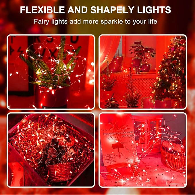Aogist 12 Pack Fairy Lights 3 Modes 7ft 20 LED Waterproof,Battery Operated Silver Wire Firefly Starry Moon Mini String Lights for Mason Jars Christmas DIY Crafts Wedding Party Bedroom,Red