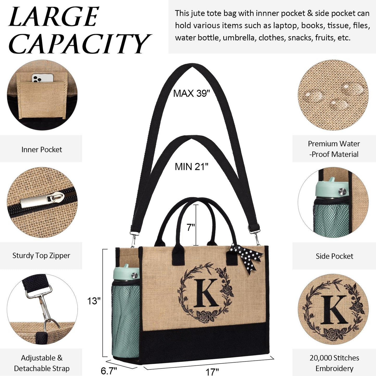 Personalized Gifts for Women Tote Bag, Initial Jute Tote Bag & Makeup Bags Monogrammed Beach Bag w/ Zipper, Birthday Gifts Mothers Day Gifts for Mom Women Her Friend Sister Wife Grandma Teacher Nurse