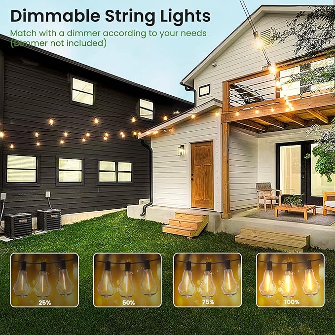 Outdoor String Lights 100FT Waterproof LED Outdoor Lights for Patio with 53 Shatterproof LED Bulbs (3 Spare),Outside Hanging Light for Party, Bistro, Gazebo, Backyard, Garden,Black Cord
