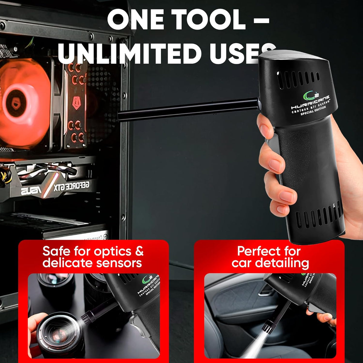 O2 Hurricane ESD-Safe Compressed Air Duster – Powerful Cordless Compressed Air Cleaner for Computer, Keyboard & Electronics. Rechargeable Mini Dust Fan Electric Blower for Car Detailing, Cleaning
