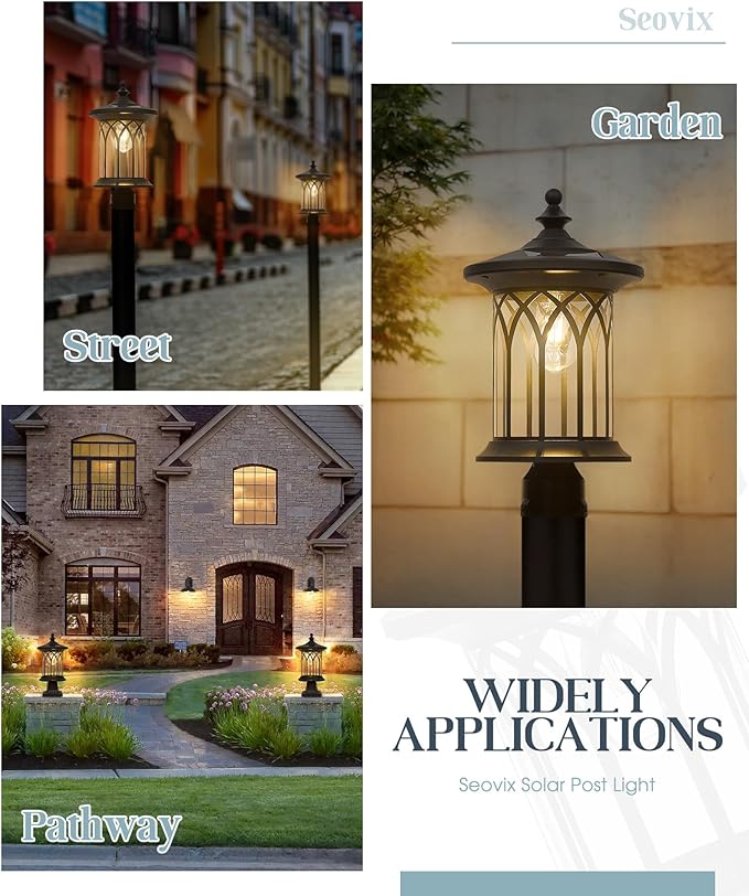 Solar Post Lights 2 Pack, Dusk to Dawn Solar Lamp Post Light Fixture E26 Base Socket, IP44 Waterproof Post Lights Outdoor Solar Powered for Pathway, Driveway, Lawn, K235SPL10-2