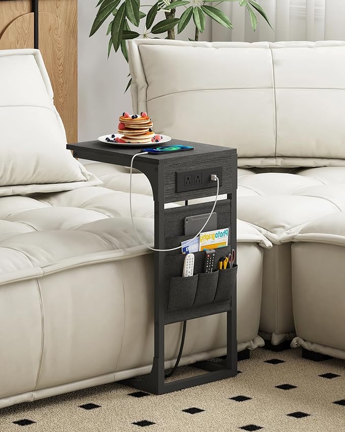 TUTOTAK C Shaped End Table with Charging Station, Side Table for Sofa and Couch with Storage, TV Tray Table with 2 USB Ports & Outlets - Black TB01BK024