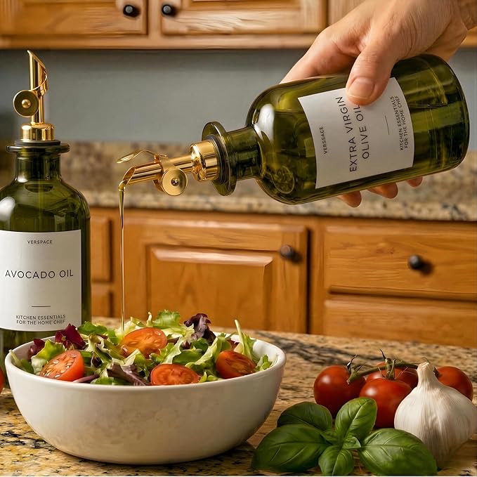 Verspace UV-Protected Green Glass Olive Oil Dispenser Bottles For Kitchen - Includes 40 Kitchen Essential Labels, Avocado Oil Dispenser Set, Modern Decor for Home, Airbnb, Cafe Set of 2