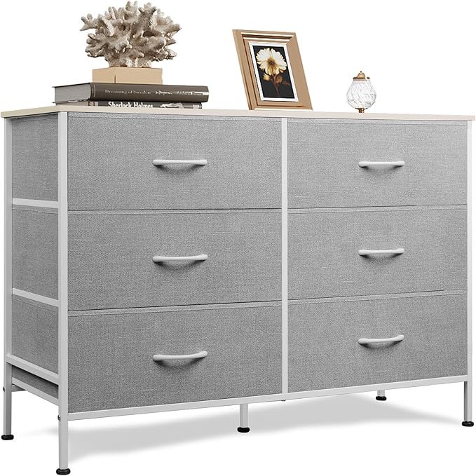 WLIVE 6 Drawer Dresser for Bedroom, Wide Fabric Dresser TV Stand for 50 Inches TV with Metal Frame, Wooden Top, Chest of Drawers, Storage Organizer for Living Room, Hallway, Light Grey