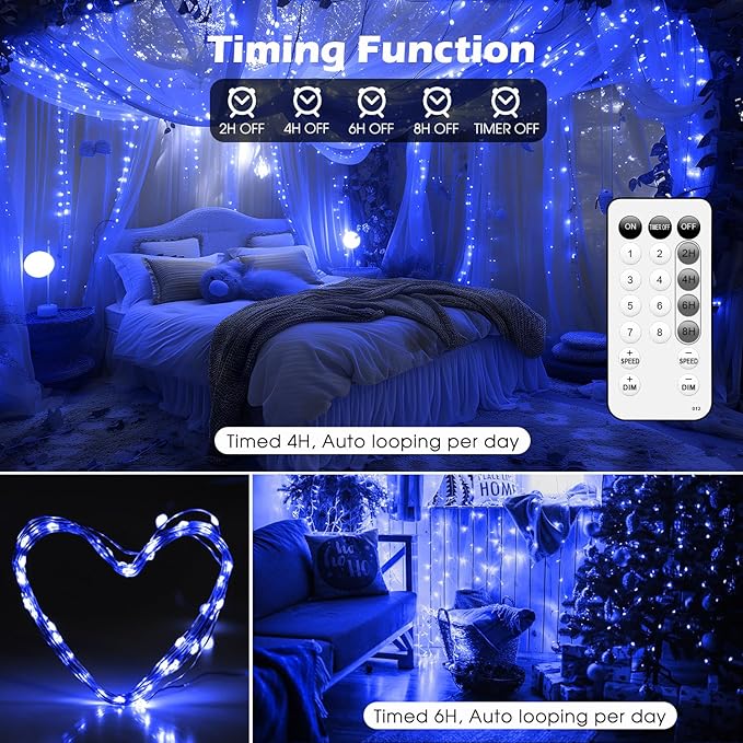 Fairy Lights 66ft 200 LED USB Twinkle String Lights Plug in Silver Wire Lights with Remote and Timer 8 Modes Outdoor Waterproof Starry Lights DIY Party Wedding Christmas Decoration（Blue）