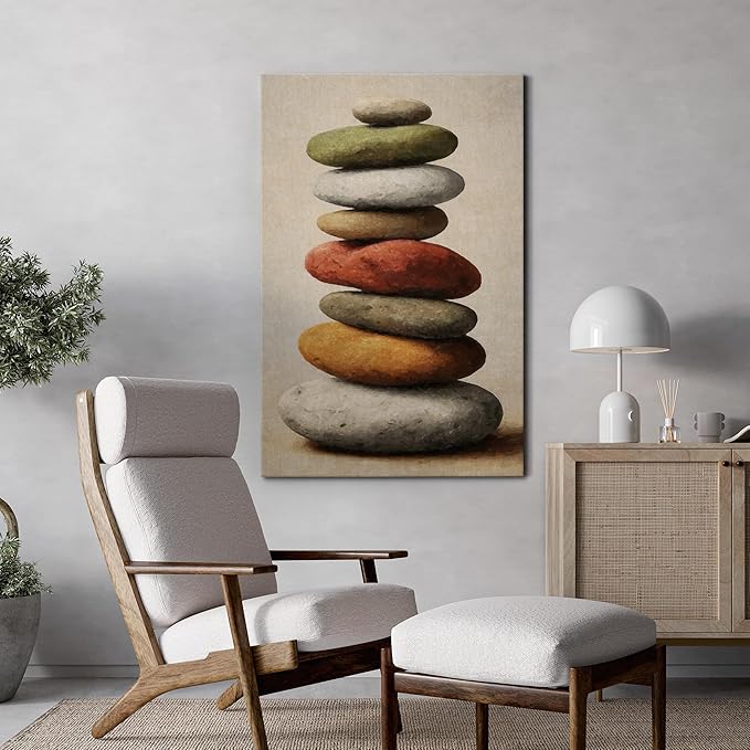 wall26 Canvas Print Wall Art Stacked Zen Stones in Rain Tranquil Nature Photography Realism Rustic Colorful Multicolor for Living Room, Bedroom, Bathroom - 24"x36"