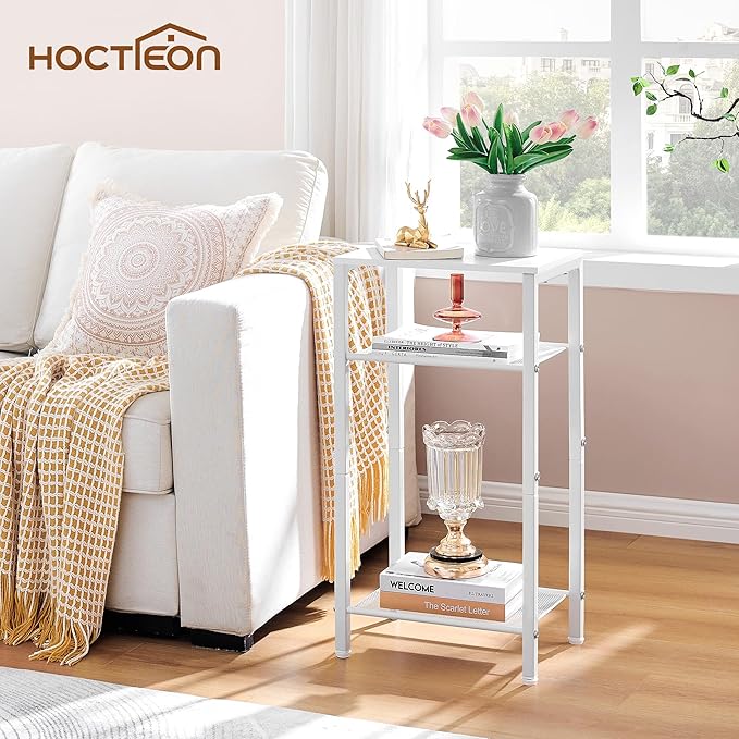 Hoctieon 3 Tier End Table, Telephone Table, Narrow Side Table with Storage, Nightstand for Small Spaces, Metal Frame, for Living Room, Bedroom, Sofa Couch, Hall, Easy Assembly, White