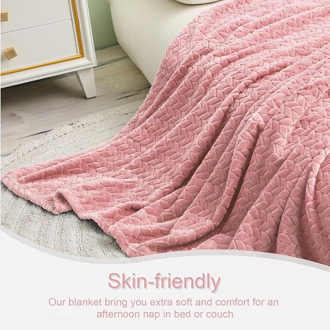 Exclusivo Mezcla Fleece Twin Size Blanket for Bed, 90x66 Inches Soft Cozy Jacquard Flannel Blankets, Lightweight Fuzzy Plush Warm for Winter, Pink