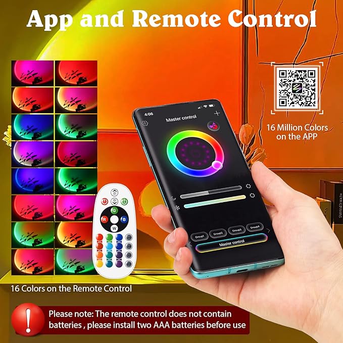 Sunset Lamp Projector, Multiple Colors with APP & Remote Control, 360 Rotation LED Sunset Projection Lamp for Photography/Party/Gift/Home Decor