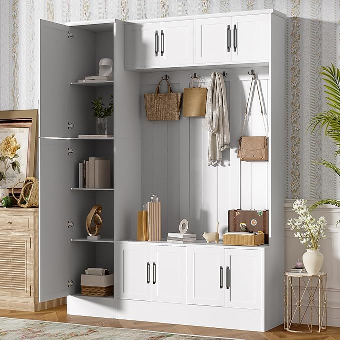 79-inch Modern Hall Tree with Shoe Storage - 4-in-1 Entryway Organizer with 6 Storage Cabinets, 4 Coat Hooks & Adjustable Shelf for Hallway, Living Room (White)