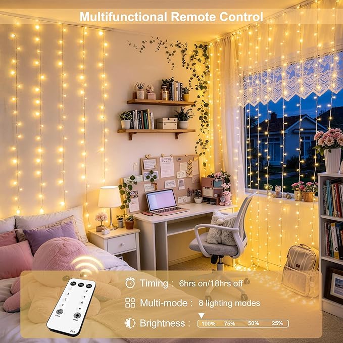 JMEXSUSS 600 LED Curtain Lights Outdoor, 9.5ft x 19.6ft Window Hanging Lights with Remote, Plug in, 8 Modes, Indoor String Lights for Bedroom, Wall, Xmas, Party, Backdrop, Wedding Decor, Warm White