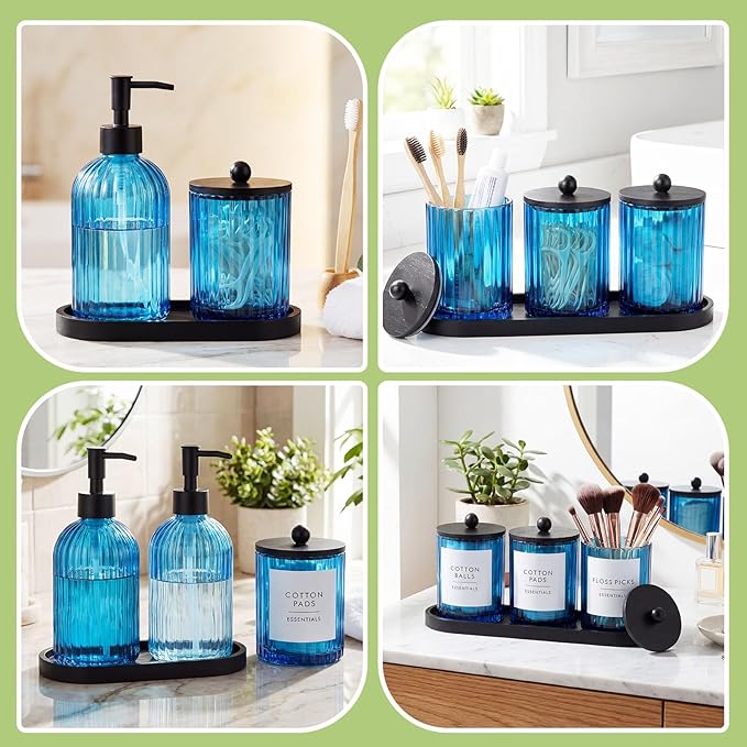 Yaomiao 5 Pack Bathroom Accessories Set, Modern Bathroom Decor Sets, Glass Liquid Soap Dispenser, Vanity Tray, Toothbrush Holder, Cotton Swab Jars with Lids for Sink Countertop(Blue,Striped)